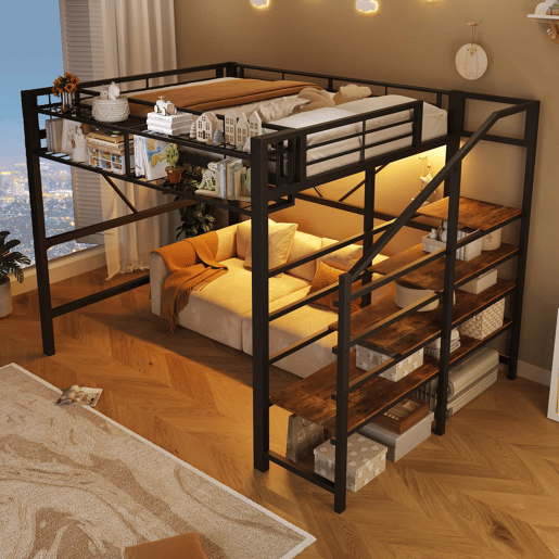 Cama alta 140 x 200 cm u2013 prateleiras, cesto, arrumação aberta e LED, sem colchão u2013 preta