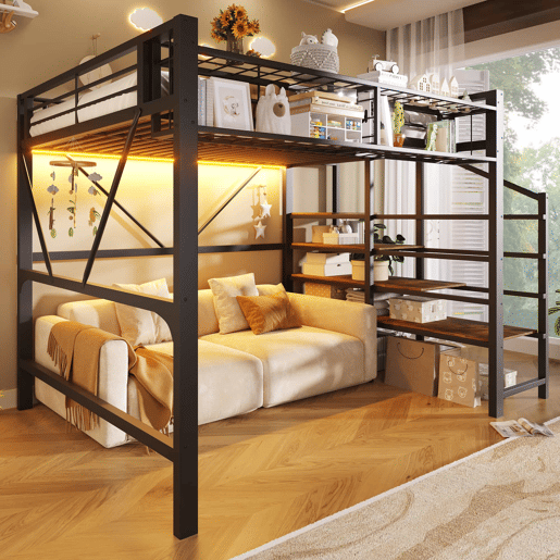 Cama alta 140 x 200 cm u2013 prateleiras, cesto, arrumação aberta e LED, sem colchão u2013 preta