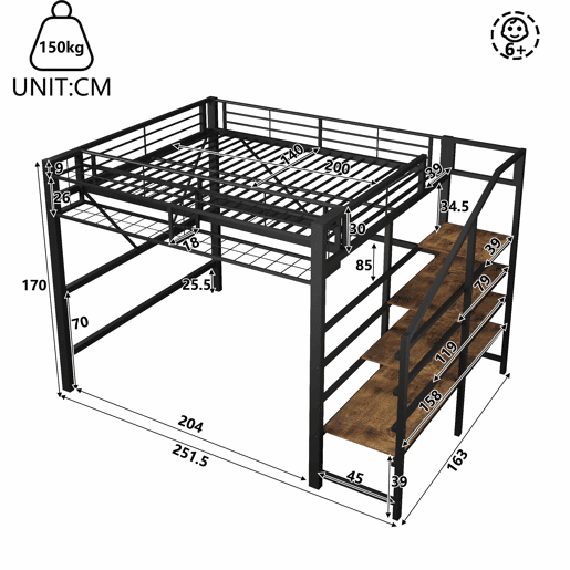 Cama alta 140 x 200 cm u2013 prateleiras, cesto, arrumação aberta e LED, sem colchão u2013 preta