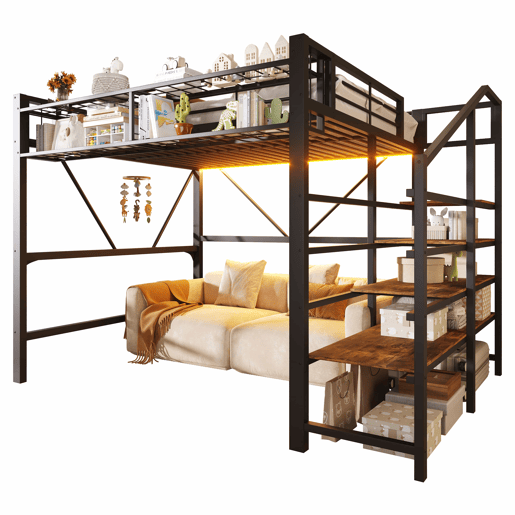 Cama alta 140 x 200 cm u2013 prateleiras, cesto, arrumação aberta e LED, sem colchão u2013 preta