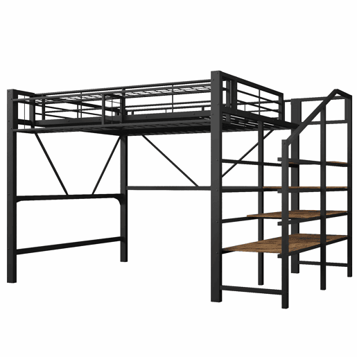 Cama alta 140 x 200 cm u2013 prateleiras, cesto, arrumação aberta e LED, sem colchão u2013 preta