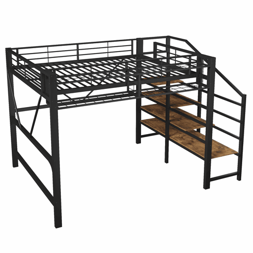 Cama alta 140 x 200 cm u2013 prateleiras, cesto, arrumação aberta e LED, sem colchão u2013 preta