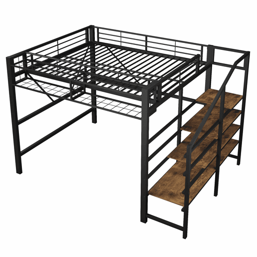 Cama alta 140 x 200 cm u2013 prateleiras, cesto, arrumação aberta e LED, sem colchão u2013 preta
