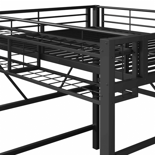 Cama alta 140 x 200 cm u2013 prateleiras, cesto, arrumação aberta e LED, sem colchão u2013 preta