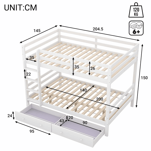 Beliche infantil 140 × 200 cm u2014 gavetas, arrumação e grades altas u2014 Branco Beliche infantil 140 × 200 cm u2014 gavetas, arrumação e grades altas u2014 Branco