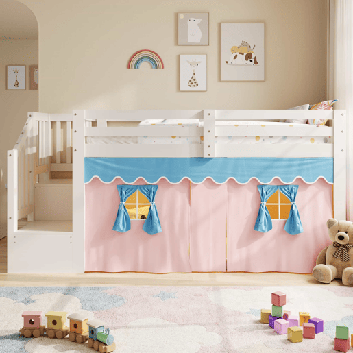 Cama semi-alta 90 × 200 cm - pinho, cortinas opacas, espaço inferior aberto e LED, sem colchão nem clipes - Branco Cama semi-alta 90 × 200 cm - pinho, cortinas opacas, espaço inferior aberto e LED, sem colchão nem clipes - Branco