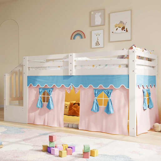 Cama semi-alta 90 × 200 cm - pinho, cortinas opacas, espaço inferior aberto e LED, sem colchão nem clipes - Branco Cama semi-alta 90 × 200 cm - pinho, cortinas opacas, espaço inferior aberto e LED, sem colchão nem clipes - Branco