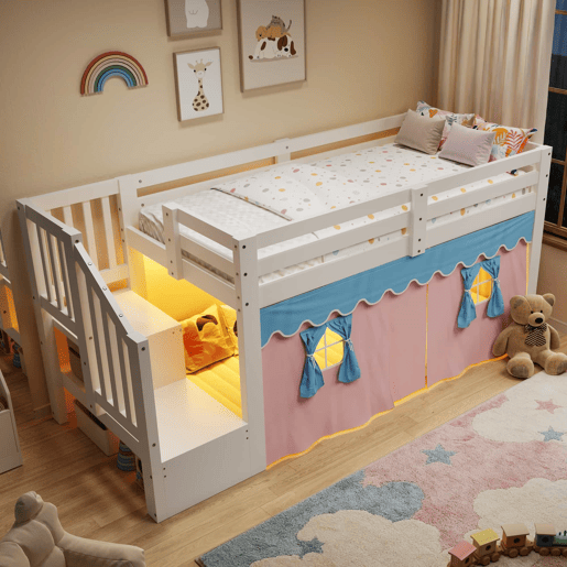 Cama semi-alta 90 × 200 cm - pinho, cortinas opacas, espaço inferior aberto e LED, sem colchão nem clipes - Branco Cama semi-alta 90 × 200 cm - pinho, cortinas opacas, espaço inferior aberto e LED, sem colchão nem clipes - Branco