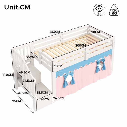 Cama semi-alta 90 × 200 cm - pinho, cortinas opacas, espaço inferior aberto e LED, sem colchão nem clipes - Branco Cama semi-alta 90 × 200 cm - pinho, cortinas opacas, espaço inferior aberto e LED, sem colchão nem clipes - Branco