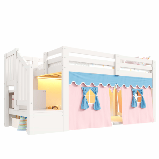 Cama semi-alta 90 × 200 cm - pinho, cortinas opacas, espaço inferior aberto e LED, sem colchão nem clipes - Branco Cama semi-alta 90 × 200 cm - pinho, cortinas opacas, espaço inferior aberto e LED, sem colchão nem clipes - Branco