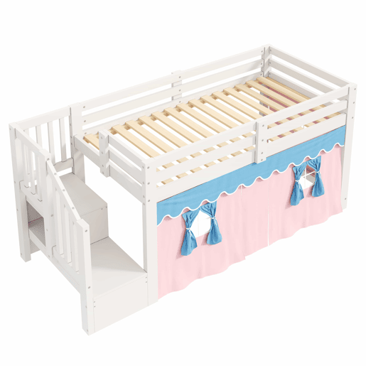 Cama semi-alta 90 × 200 cm - pinho, cortinas opacas, espaço inferior aberto e LED, sem colchão nem clipes - Branco Cama semi-alta 90 × 200 cm - pinho, cortinas opacas, espaço inferior aberto e LED, sem colchão nem clipes - Branco