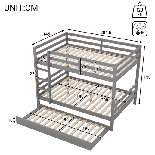 Beliche infantil 140 × 200 cm u2014 cama embutida, grades altas e escada estável u2014 Cinzento