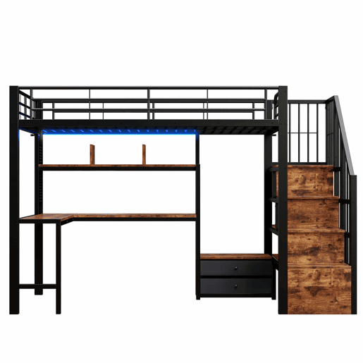 Cama alta 90 x 200 cm - secretária, 2 gavetas, escada com espaço de arrumação e LED, sem colchão - preta