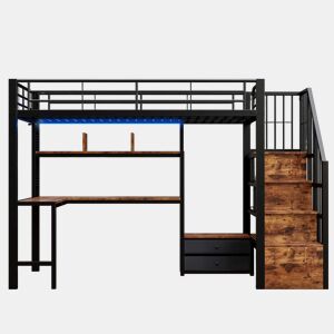 Cama alta 90 x 200 cm - secretária, 2 gavetas, escada com espaço de arrumação e LED, sem colchão - preta