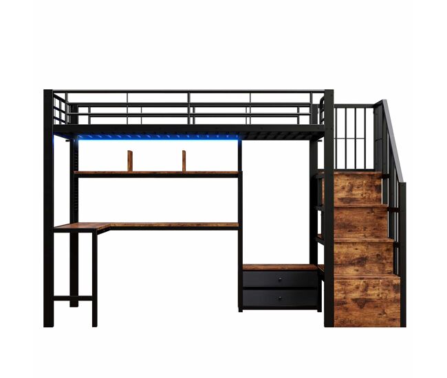 Cama alta 90 x 200 cm - escritorio, 2 cajones, escalera con almacenaje y led, sin colchón - negro