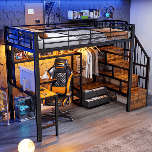 Cama alta 90 x 200 cm - secretária, 2 gavetas, escada com espaço de arrumação e LED, sem colchão - preta