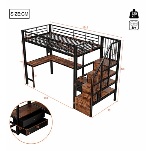 Cama alta 90 x 200 cm - secretária, 2 gavetas, escada com espaço de arrumação e LED, sem colchão - preta