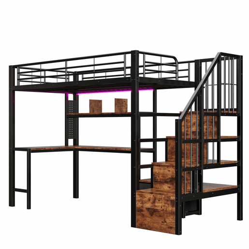 Cama alta 90 x 200 cm - secretária, 2 gavetas, escada com espaço de arrumação e LED, sem colchão - preta