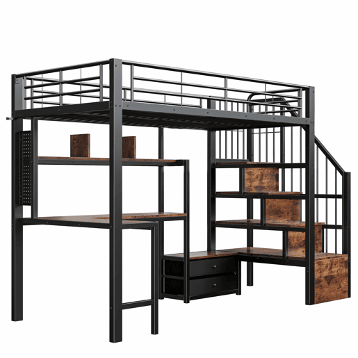 Cama alta 90 x 200 cm - secretária, 2 gavetas, escada com espaço de arrumação e LED, sem colchão - preta