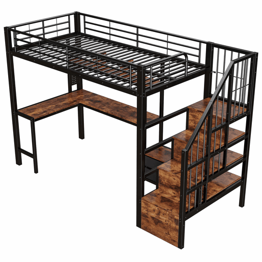 Cama alta 90 x 200 cm - secretária, 2 gavetas, escada com espaço de arrumação e LED, sem colchão - preta