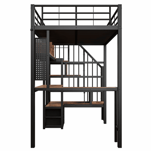 Cama alta 90 x 200 cm - secretária, 2 gavetas, escada com espaço de arrumação e LED, sem colchão - preta