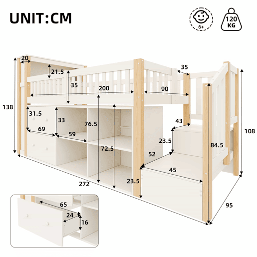 Cama alta 90 x 200 cm u2013 gavetas, prateleiras, roupeiro trapezoidal e LED, sem colchão u2013 Natural Cama alta 90 x 200 cm u2013 gavetas, prateleiras, roupeiro trapezoidal e LED, sem colchão u2013 Natural