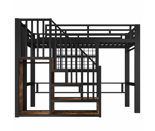 Cama alta 90 x 200 cm - escalera con almacenaje, rejilla, barra y led, sin colchón - negro