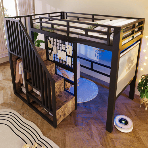 Cama alta 90 x 200 cm u2013 escada com arrumação, grelha, barra e LED, sem colchão u2013 preta Cama alta 90 x 200 cm u2013 escada com arrumação, grelha, barra e LED, sem colchão u2013 preta