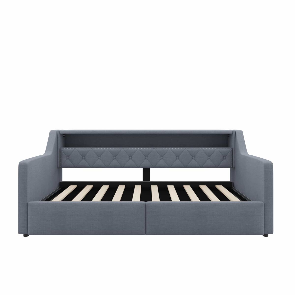 Cama diván 90 × 200 cm - almacenaje hidráulico, led, usb y type-c, tapizada en lino, sin colchón - gris