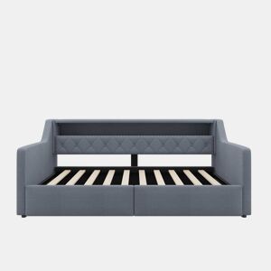 Cama divã 90 × 200 cm - arrumação hidráulica, LED, USB e Type-C, estofada em linho, sem colchão - cinzenta