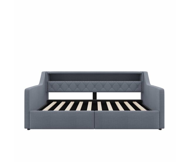 Cama diván 90 × 200 cm - almacenaje hidráulico, led, usb y type-c, tapizada en lino, sin colchón - gris