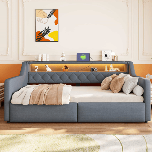 Cama divã 90 × 200 cm - arrumação hidráulica, LED, USB e Type-C, estofada em linho, sem colchão - cinzenta Cama divã 90 × 200 cm - arrumação hidráulica, LED, USB e Type-C, estofada em linho, sem colchão - cinzenta