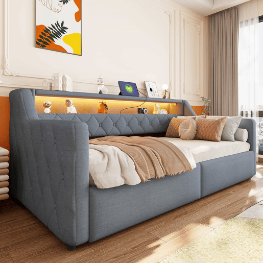 Cama divã 90 × 200 cm - arrumação hidráulica, LED, USB e Type-C, estofada em linho, sem colchão - cinzenta Cama divã 90 × 200 cm - arrumação hidráulica, LED, USB e Type-C, estofada em linho, sem colchão - cinzenta