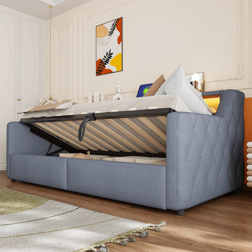 Cama divã 90 × 200 cm - arrumação hidráulica, LED, USB e Type-C, estofada em linho, sem colchão - cinzenta Cama divã 90 × 200 cm - arrumação hidráulica, LED, USB e Type-C, estofada em linho, sem colchão - cinzenta