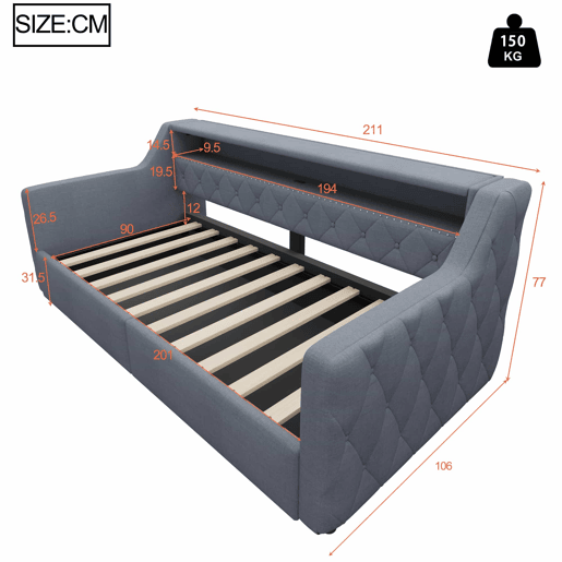Cama divã 90 × 200 cm - arrumação hidráulica, LED, USB e Type-C, estofada em linho, sem colchão - cinzenta Cama divã 90 × 200 cm - arrumação hidráulica, LED, USB e Type-C, estofada em linho, sem colchão - cinzenta