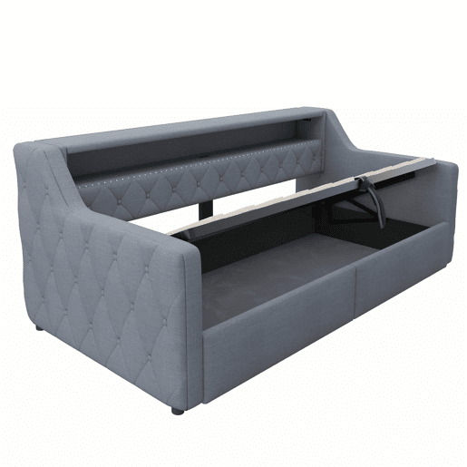 Cama divã 90 × 200 cm - arrumação hidráulica, LED, USB e Type-C, estofada em linho, sem colchão - cinzenta Cama divã 90 × 200 cm - arrumação hidráulica, LED, USB e Type-C, estofada em linho, sem colchão - cinzenta