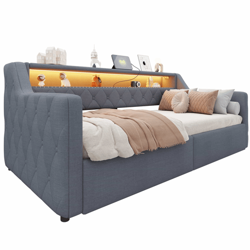 Cama divã 90 × 200 cm - arrumação hidráulica, LED, USB e Type-C, estofada em linho, sem colchão - cinzenta Cama divã 90 × 200 cm - arrumação hidráulica, LED, USB e Type-C, estofada em linho, sem colchão - cinzenta