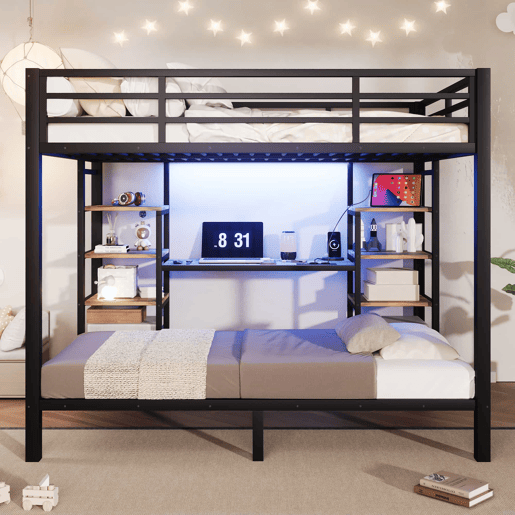 Beliche 90 x 200 cm e 140 x 200 cm u2013 arrumação, USB, Type-C e LED, sem colchão u2013 preto Beliche 90 x 200 cm e 140 x 200 cm u2013 arrumação, USB, Type-C e LED, sem colchão u2013 preto