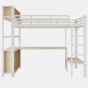 Cama alta 90 x 200 cm u2013 mesa, cabideiro, prateleiras e arrumação, sem colchão u2013 branca