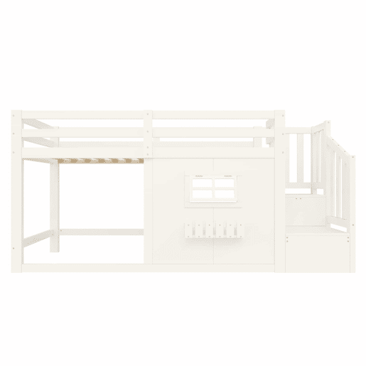 Cama alta 90 × 200 cm - madeira de pinho, janela, escada com arrumação e LED, sem colchão - Branco Cama alta 90 × 200 cm - madeira de pinho, janela, escada com arrumação e LED, sem colchão - Branco