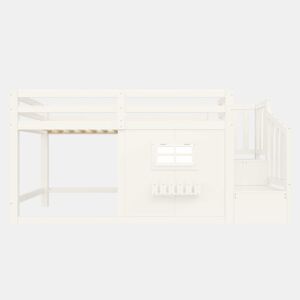 Cama alta 90 × 200 cm - madeira de pinho, janela, escada com arrumação e LED, sem colchão - Branco