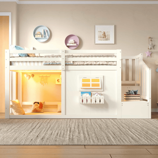 Cama alta 90 × 200 cm - madeira de pinho, janela, escada com arrumação e LED, sem colchão - Branco Cama alta 90 × 200 cm - madeira de pinho, janela, escada com arrumação e LED, sem colchão - Branco