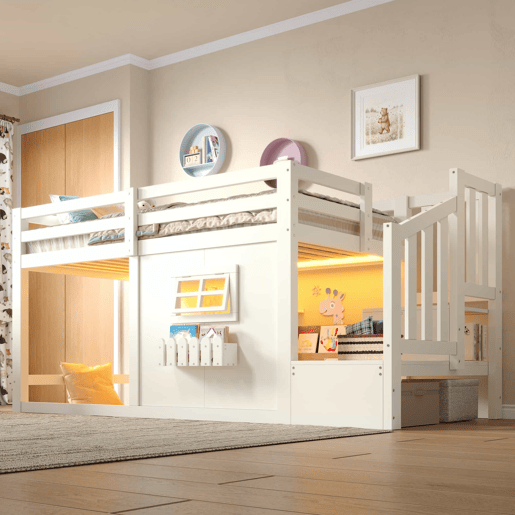 Cama alta 90 × 200 cm - madeira de pinho, janela, escada com arrumação e LED, sem colchão - Branco Cama alta 90 × 200 cm - madeira de pinho, janela, escada com arrumação e LED, sem colchão - Branco