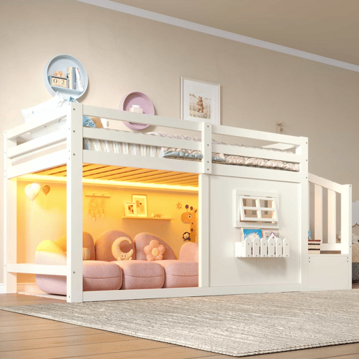 Cama alta 90 × 200 cm - madeira de pinho, janela, escada com arrumação e LED, sem colchão - Branco Cama alta 90 × 200 cm - madeira de pinho, janela, escada com arrumação e LED, sem colchão - Branco