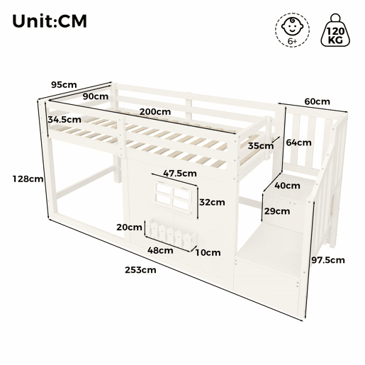 Cama alta 90 × 200 cm - madeira de pinho, janela, escada com arrumação e LED, sem colchão - Branco Cama alta 90 × 200 cm - madeira de pinho, janela, escada com arrumação e LED, sem colchão - Branco