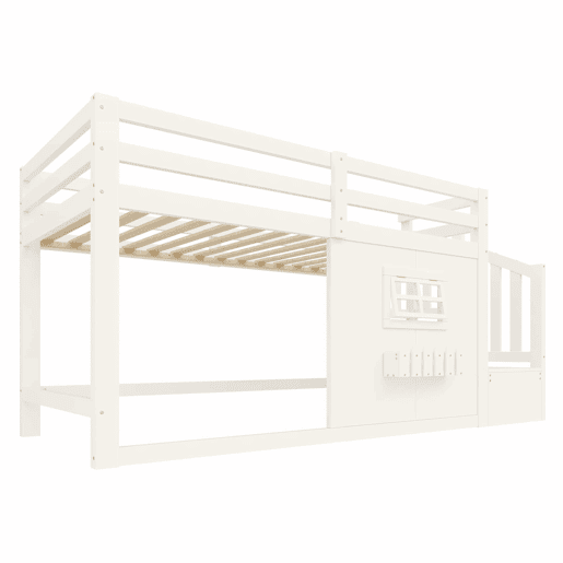 Cama alta 90 × 200 cm - madeira de pinho, janela, escada com arrumação e LED, sem colchão - Branco Cama alta 90 × 200 cm - madeira de pinho, janela, escada com arrumação e LED, sem colchão - Branco