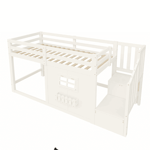 Cama alta 90 × 200 cm - madeira de pinho, janela, escada com arrumação e LED, sem colchão - Branco Cama alta 90 × 200 cm - madeira de pinho, janela, escada com arrumação e LED, sem colchão - Branco