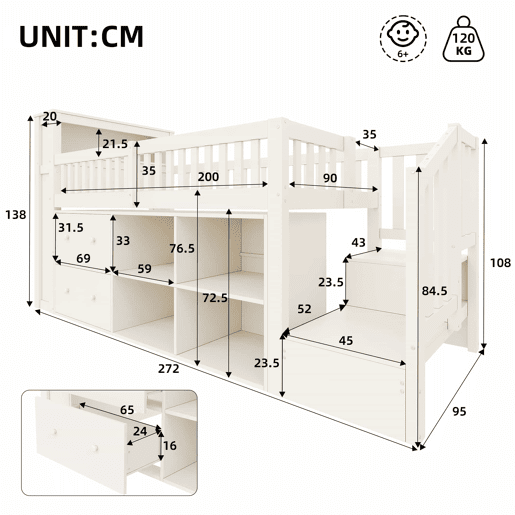 Cama semi-alta 90 × 200 cm u2013 gavetas, arrumação, armário em escada e LED, sem colchão u2013 Branco Cama semi-alta 90 × 200 cm u2013 gavetas, arrumação, armário em escada e LED, sem colchão u2013 Branco