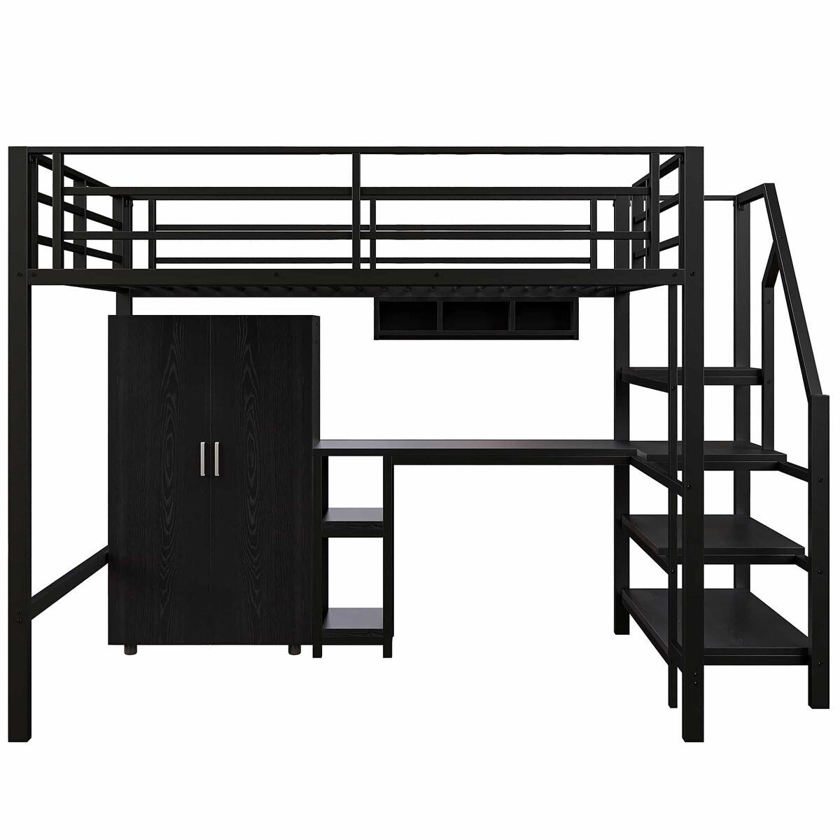 Cama alta 140 × 200 cm - armario, estantes, escalera y escritorio, sin colchón - negro