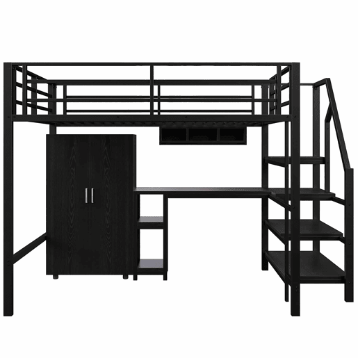 Cama alta 140 × 200 cm u2014 roupeiro, prateleiras, escada e secretária, sem colchão u2014 Preto